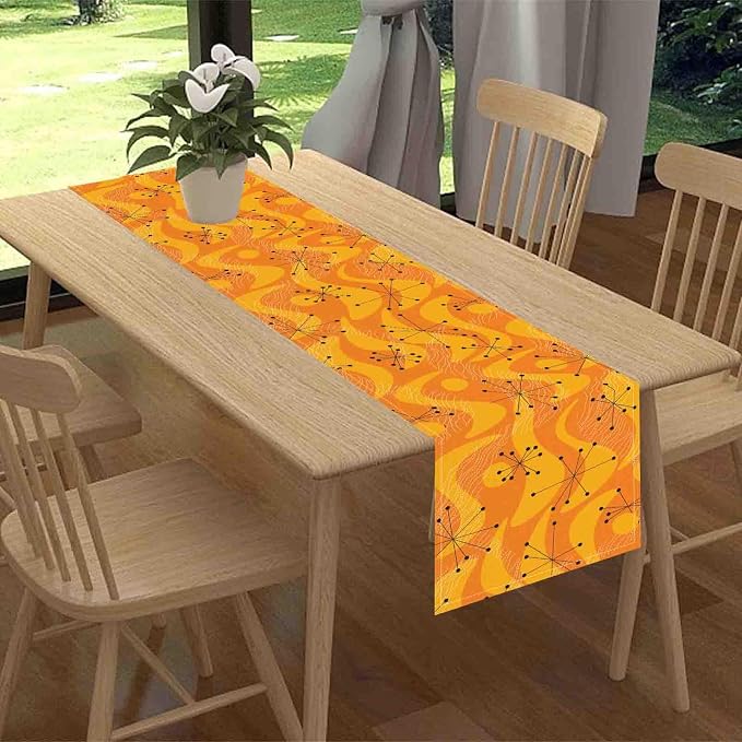 70s Table Runner, Retro Orange Wave Mid Century Atomic Print Abstract Hippie - Image 2