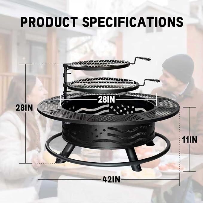 42 Inch Fire Pit with 2 Cooking Grates, Outdoor Wood Burning BBQ Grill Firepit - Image 6