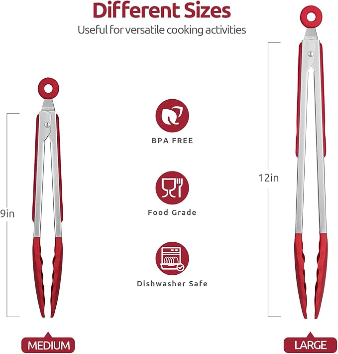 Tongs with Silicone Tips, Locking Stainless Steel, Red