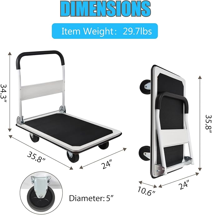 LEADALLWAY Platform Truck Large Size 880lbs Heavy Duty Foldable Push Cart - Image 4