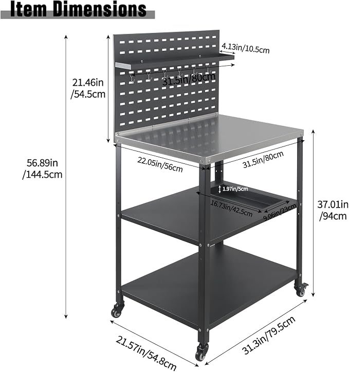 Three-Tier Grill Cart with Hanging Plate, Grill Table with 2 Locking Casters - Image 3