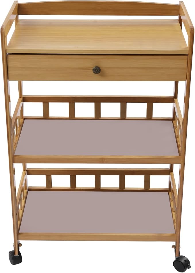 Bamboo Serving Cart with Drawer and Fence Rail, Kitchen Storage Organizer - Image 9