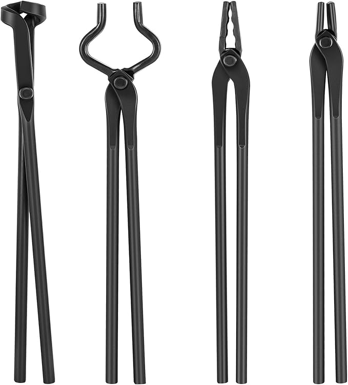 Knife Making Tongs Set, V-Bit Blade Tongs, 4-Piece, Black Steel