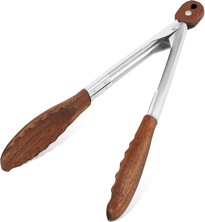 Tongs, 9 Inch Walnut Wood, Locking Design for Cooking