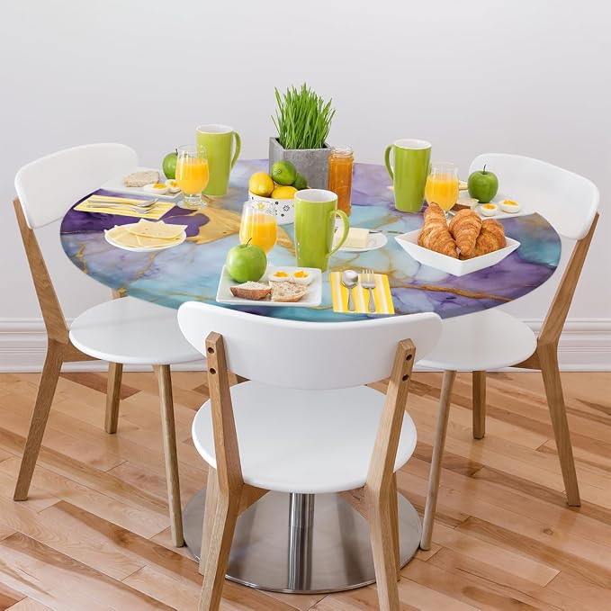 Marble Purple Gold Blue Round Table Cloth Cover, Elastic Edge Waterproof - Image 7