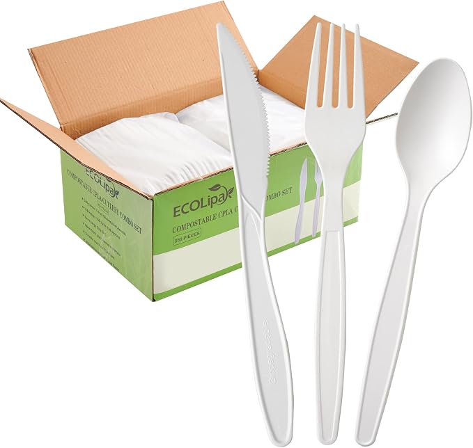 ECOLipak 350 Pcs Compostable Cutlery Set, 7 Inch Large Size Biodegradable by ECOLipak