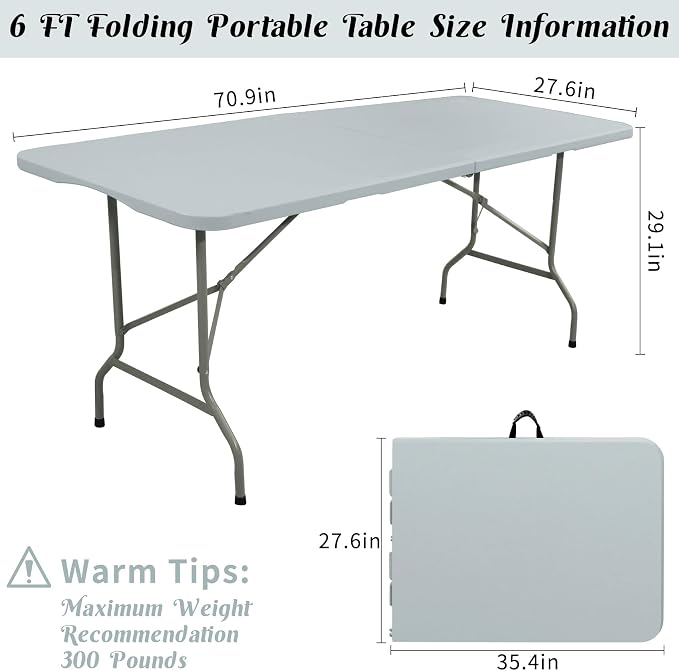 Fivenl 2 Pack 6 FT Folding Tables Grey Foldable Table, Fold-in-Half - Image 2