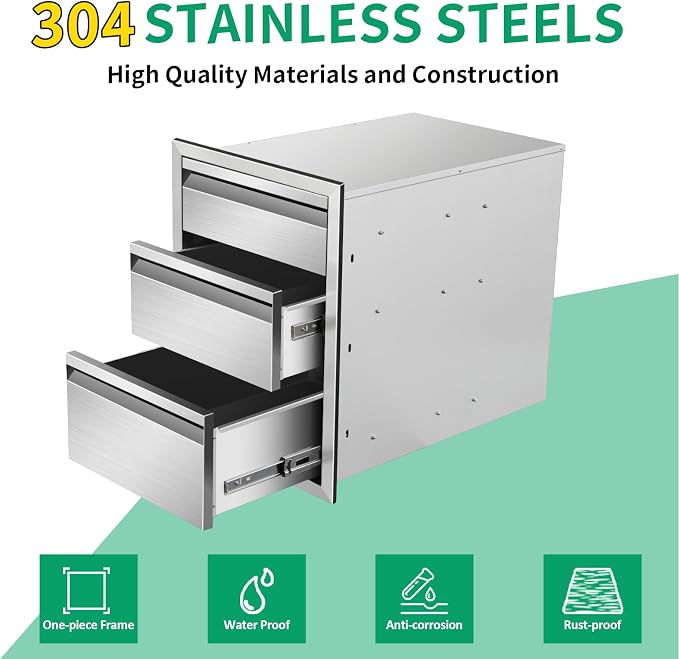 Outdoor Kitchen Drawers 16" W x 21" H x 23" D Stainless Steel Triple Drawers - Image 3