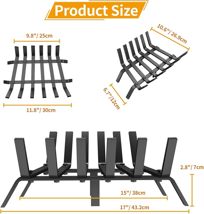 Fireplace Grate, 17 inch Solid Fireplace Log Holder, Heavy Duty Cast Iron - Image 2