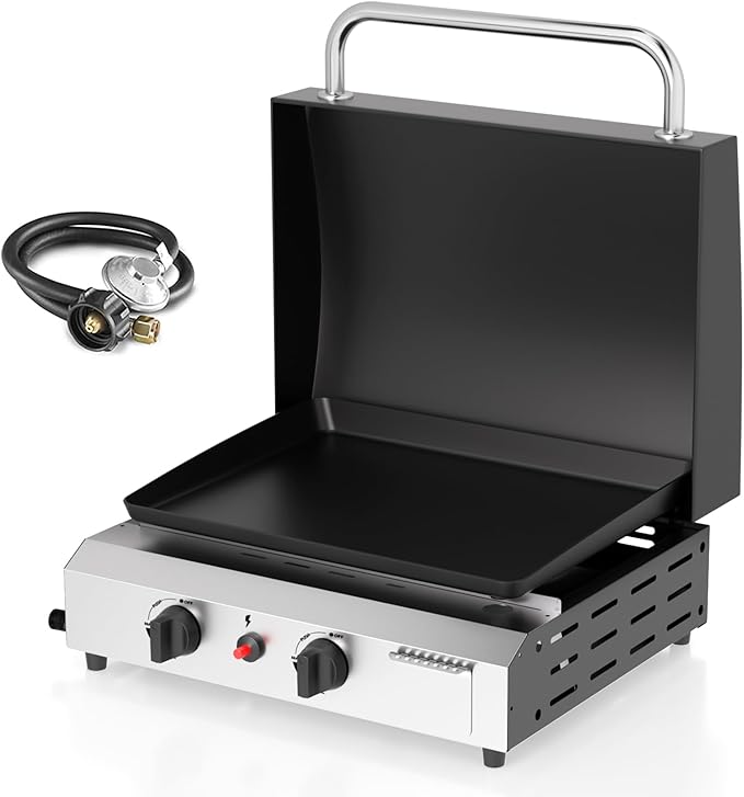 2 Burner BBQ Gas Griddle with Hood, 17.3 Inch Stainless Steel Portable by ADREAK