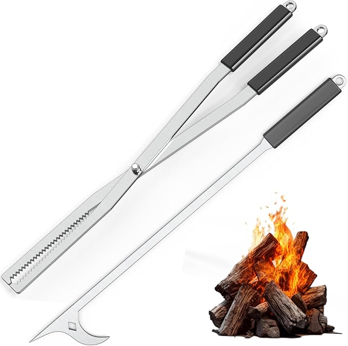 Tongs and Poker Set, 27.5-Inch Carbon Steel Fire Pit Tools