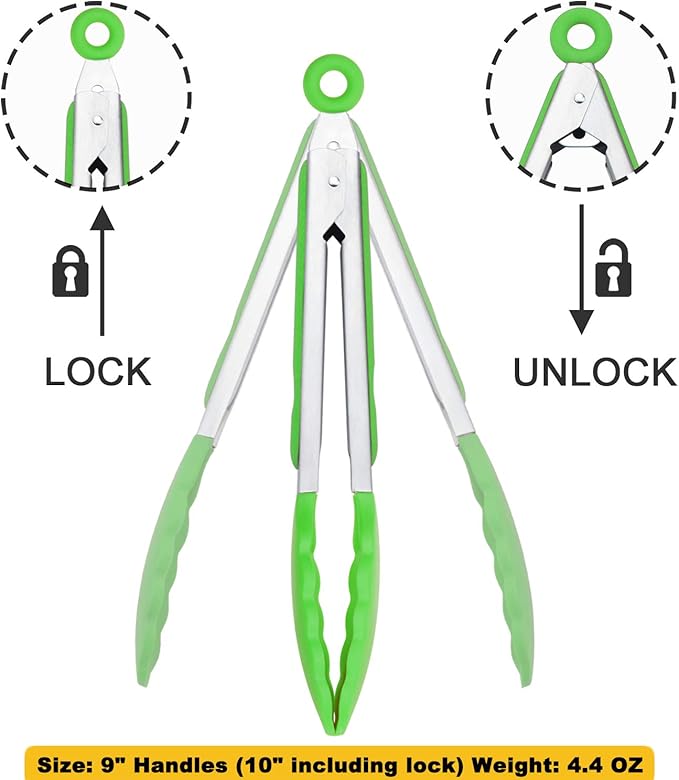 Tongs 9-Inch Green Silicone with Locking Stainless Steel, Pack of 3