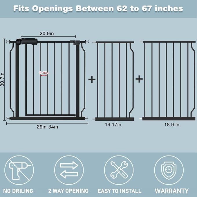 Extra Wide Baby Gate Black 62-67 Inch Wide Pressure Mounted Auto Close Child - Image 2