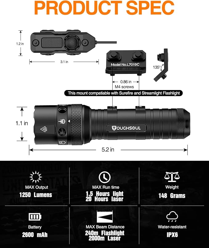 TOUGHSOUL M-Rail Green Laser Tactical Flashlight 1250 Lumens, Rechargeable - Image 4