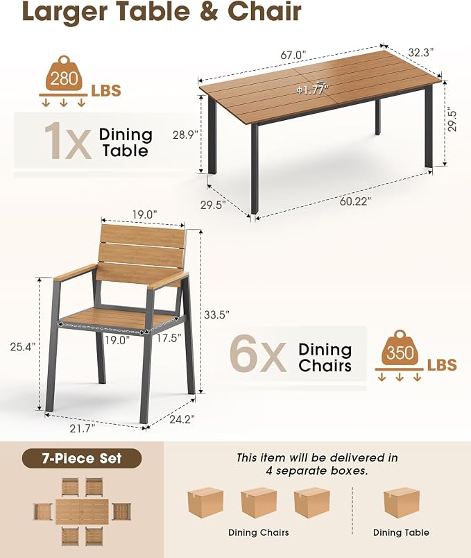 Patio Outdoor Dining Set for 6, Aluminum 7 Piece HDPS Outdoor Table and Chairs - Image 6