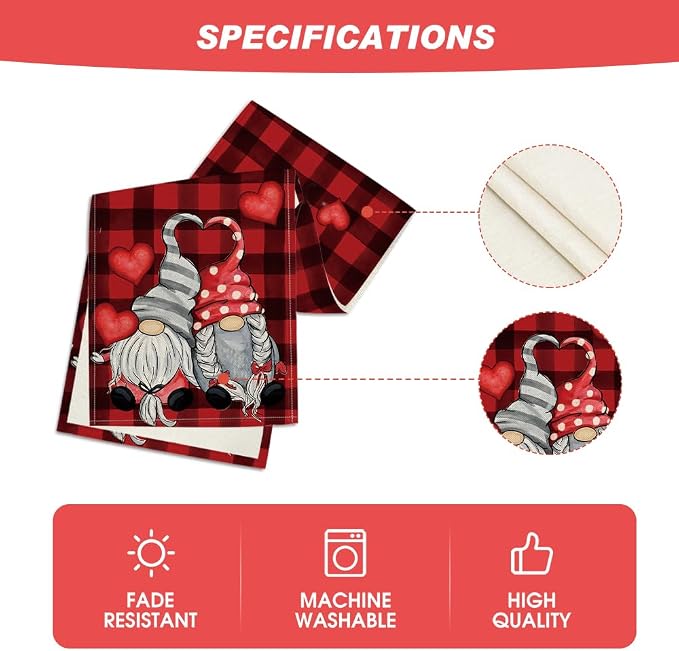 Artoid Mode Red Black Buffalo Plaid Heart Gnomes Love Valentine's Table Runner - Image 5
