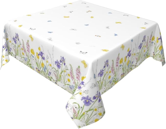 Spring Easter Tablecloth 60 x 60 Inch Square, Bunny Colorful Flower Butterfly by Sunshineyan