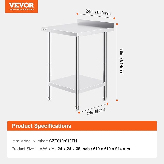VEVOR 24 x 24 x 36 Inch Stainless Steel Work Table, Commercial Food Prep - Image 3