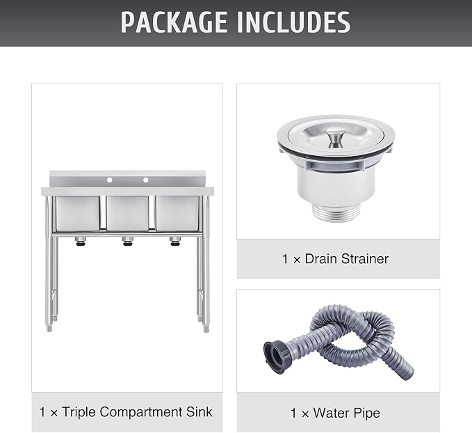WILPREP NSF Stainless Steel 3 Compartment Commercial Sink 11x10x10 Inch Basins - Image 8