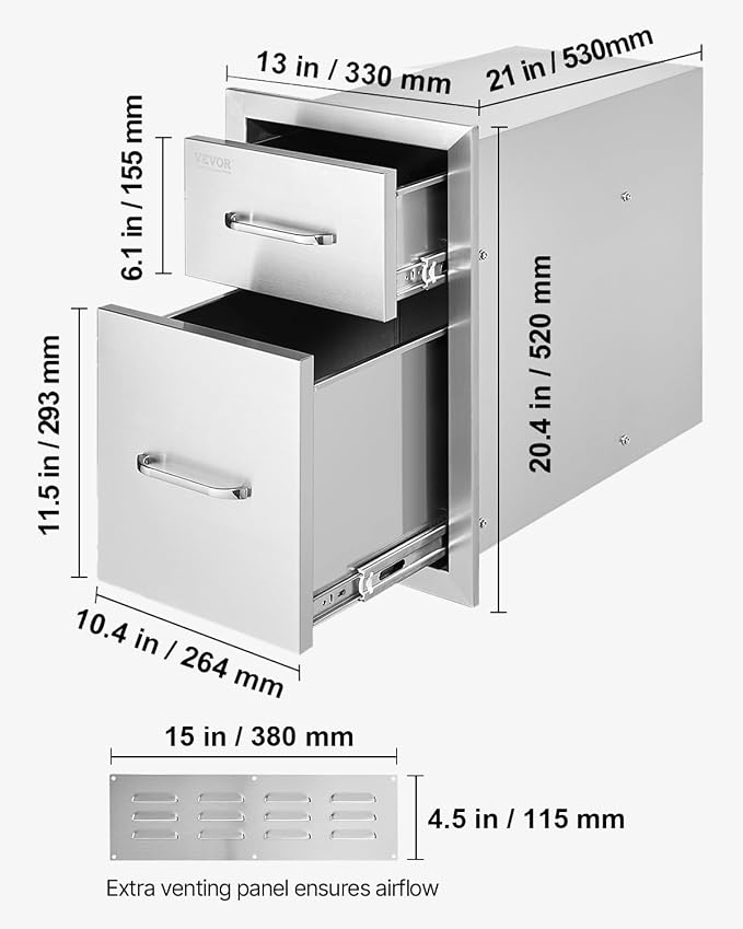 VEVOR Outdoor Kitchen Drawers 13" W x 20.5" H x 21" D, Flush Mount Double BBQ - Image 2