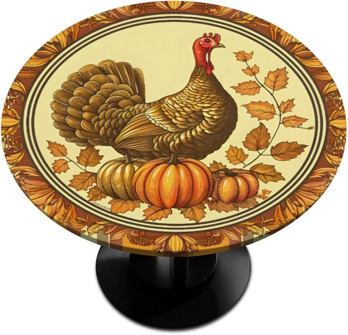 Thanksgiving Vintage Turkey Round Table Cloth Cover, Elastic Edge Waterproof by ModaQua