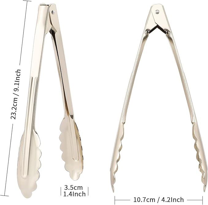 Serving Tongs 3-Pack, Silver Aluminum, 9-Inch Locking Tongs with Scalloped Tips
