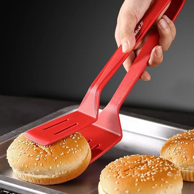 Tongs with Spatula, Silicone-Coated Steel, 11.4 Inch, Red