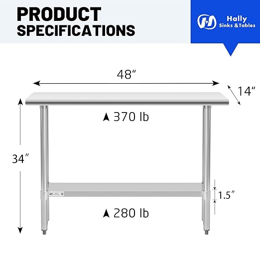 Hally Stainless Steel Table for Prep & Work 14 x 48 Inches, NSF Commercial - Image 3
