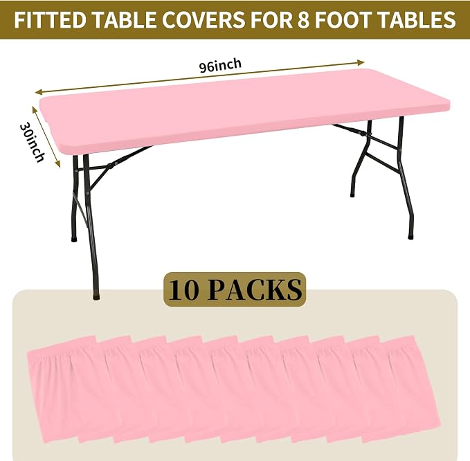 10 Pack Fitted Tablecloth for 8 Foot Rectangle Tables, Washable Stretch Folding - Image 2