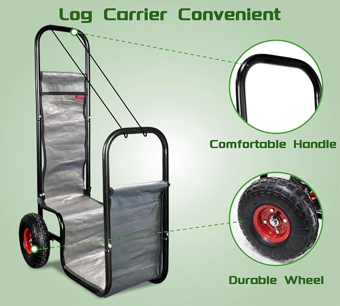 Firewood Cart with Pneumatic Wheel: 44 X 27 X 20 in Heavy Duty 220 lbs Load - Image 3