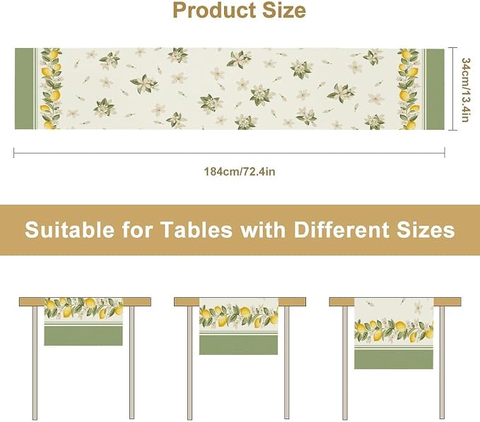 Lemon Spring Table Runner, Farmhouse Rustic Summer Flower Leaves Table Cover - Image 8