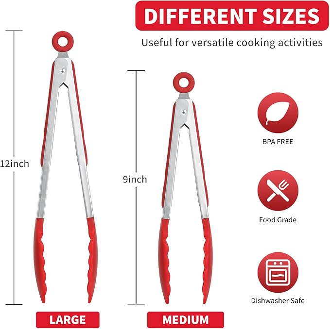 Tongs Set of 3 with Silicone Tips, Red 12-Inch Stainless Steel