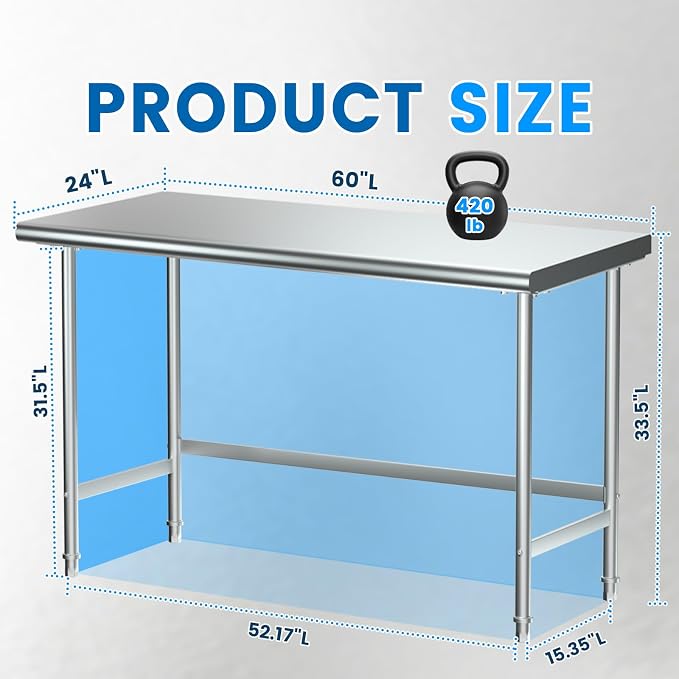 Treshin Stainless Steel Work Table Open Base 24" X 60", Commercial Heavy Duty - Image 3