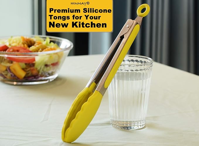 Tongs, 9-Inch Food-Grade Silicone and Stainless Steel BBQ Tongs, 3-Pack, Yellow