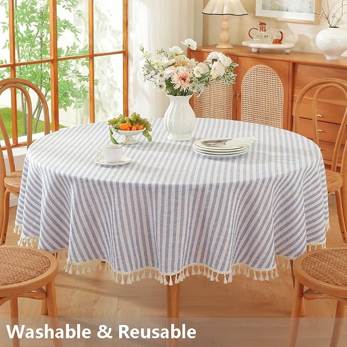 TruDelve 60 Inch Round Tablecloth Blue and White Striped Cloth Tablecloths - Image 5