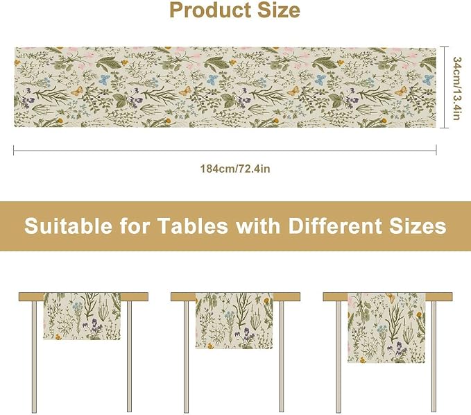 Vintage Wildflower Table Runner, Spring Floral Herbs Botanical Summer Butterfly - Image 8