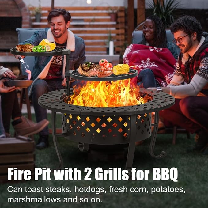 36 Inch Fire Pit with 2 BBQ Grills, Wood Burning Fire Pits - Image 5