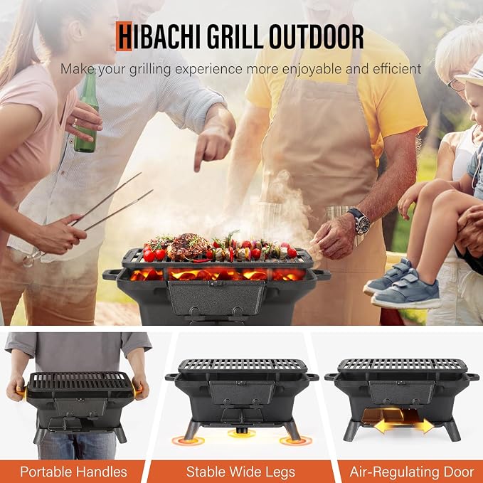 Hibachi Grill Outdoor, Portable Mini Charcoal Grill, Pre-Seasoned Cast Iron - Image 4