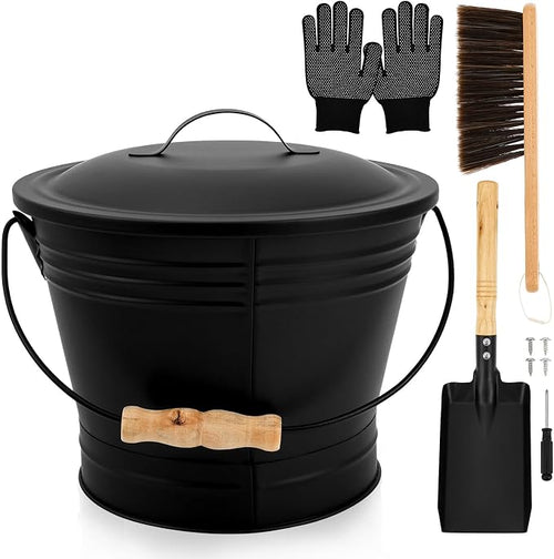 1.5 Gallon Ash Bucket with Lid and Shovel Broom Metal, Fireplace Ash Bucket by Tcwhniev
