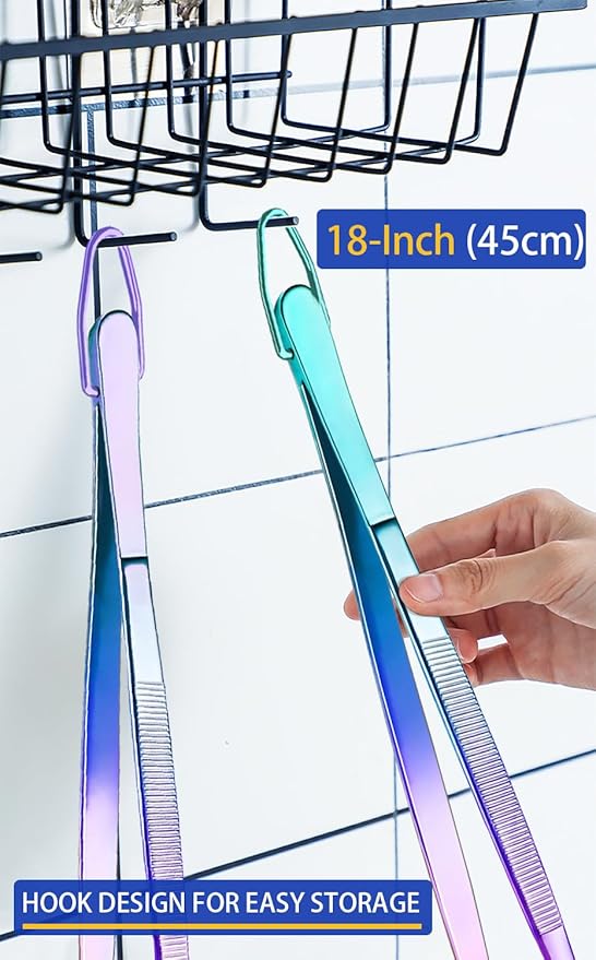 Tongs, 2-Pack 18 Inch Stainless Steel Grilling Tweezers, Rainbow
