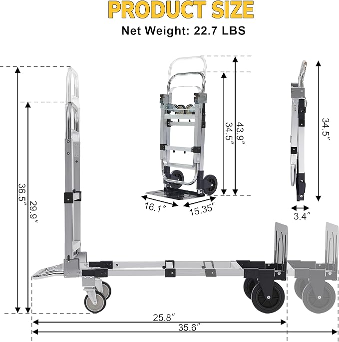 Upgraded 3 in 1 Aluminum Folding Hand Truck, 600lbs Capacity, Heavy Duty - Image 2
