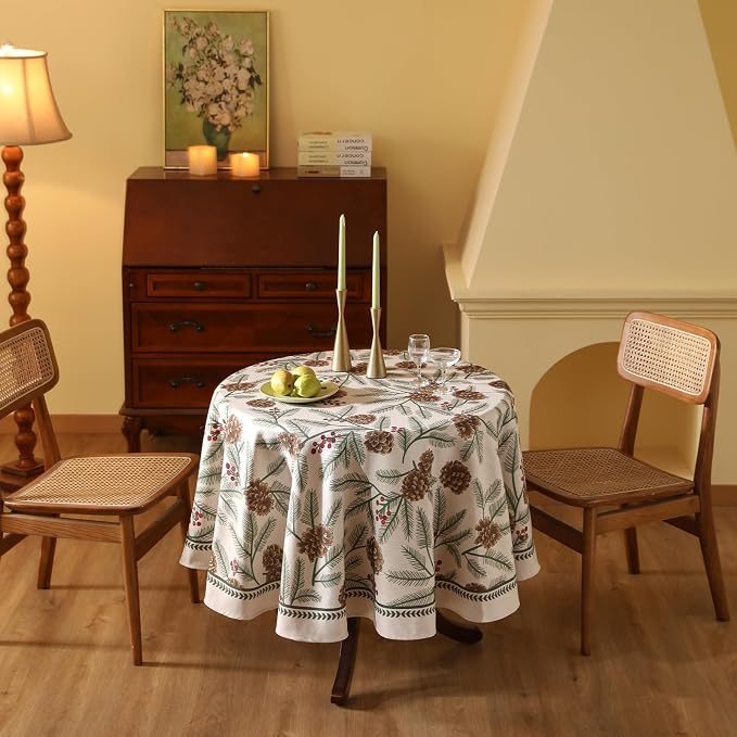 ISAENNE Designer Christmas Beige Linen Small Round Tablecloth, Pinecones - Image 5