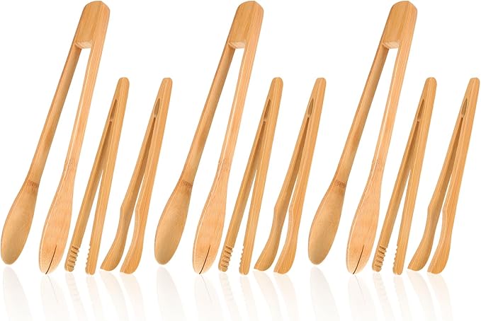 Tongs, 9 Piece Bamboo Set in Snack, Straight and Curved Styles