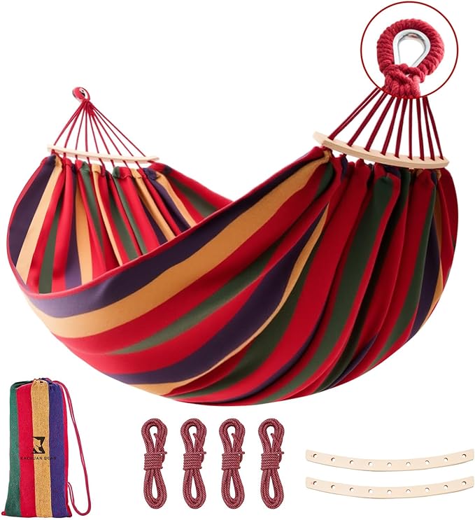 Hammock in Red, 106 x 59 Inch, with Tree Straps and Wooden Rods