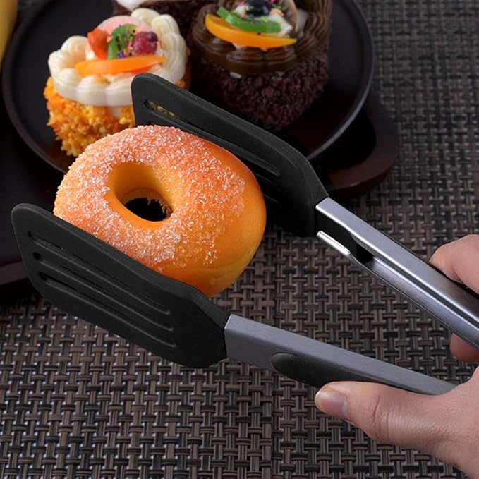 Tongs with Locking Ring, Stainless Steel and Silicone, Black, 12 Inch