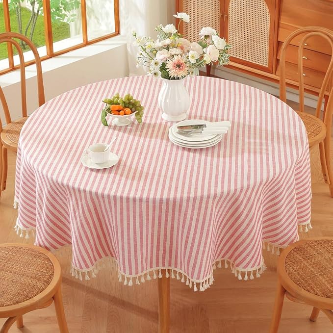 TruDelve 70 Inch Round Tablecloth Red and White Striped Cloth Tablecloths by TruDelve