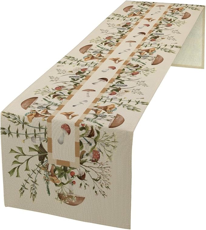 Wild Mushroom Table Runner, Retro Floral Plants Botanical Print Table Cover by JanJCurt