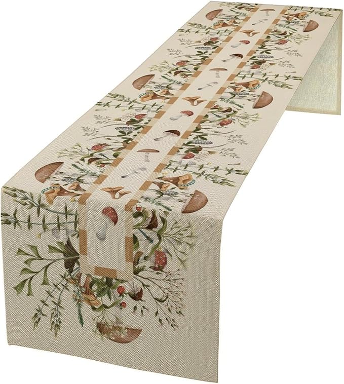 Wild Mushroom Table Runner, Retro Floral Plants Botanical Print Table Cover by JanJCurt