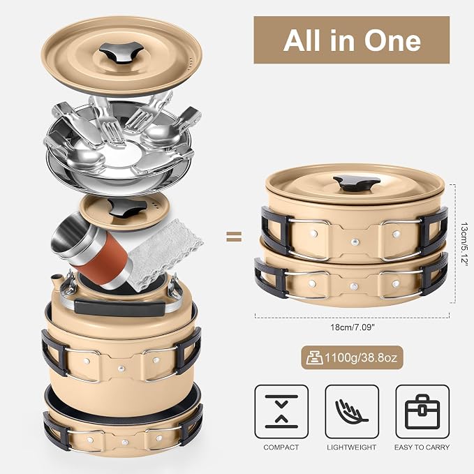 Odoland 15pcs Camping Cookware Mess Kit, Non-Stick Lightweight Pot Pan Kettle - Image 3