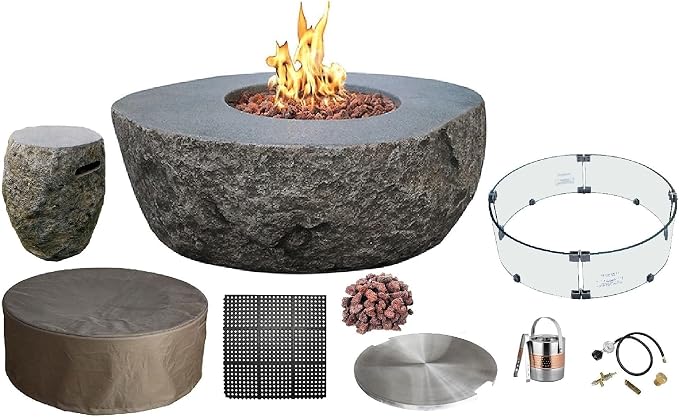 Elementi | Bundle Boulder Gas Fire Pit Cast Concrete Semi-Round Fire Table by AMSFireplaceInc